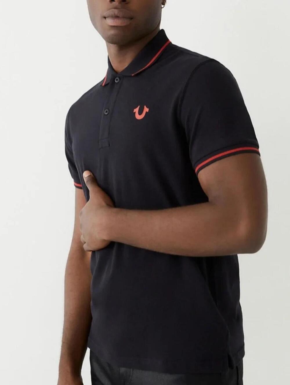 True Religion Men's Tipping Polo Shirt Black with Red Trim Back Design - Size L